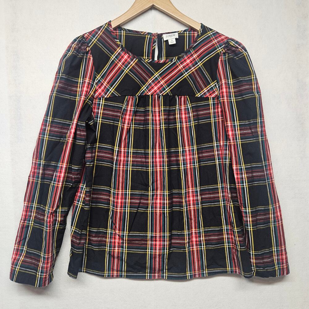 J.Crew Stewart Tartan Plaid Blouse Puff Sleeve Women's Size Small Holiday Top